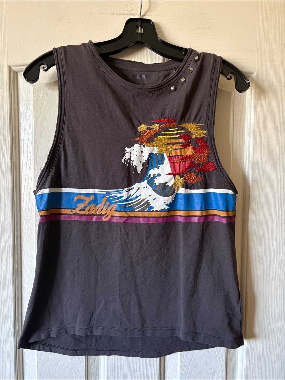 Zadig & Voltaire Funky Gray Tank Top with Sunset and Ice Cream Embroidery sz XS